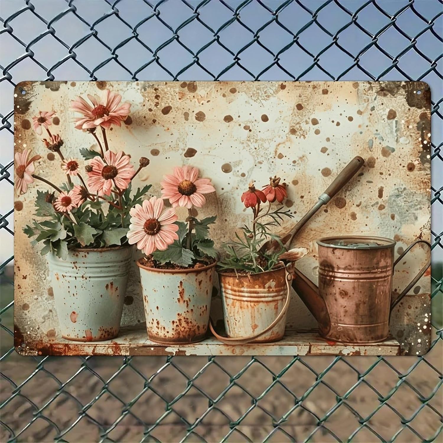 Watering Can - 녹슨 양동이에 핑크색 꽃이 담겨 있고,